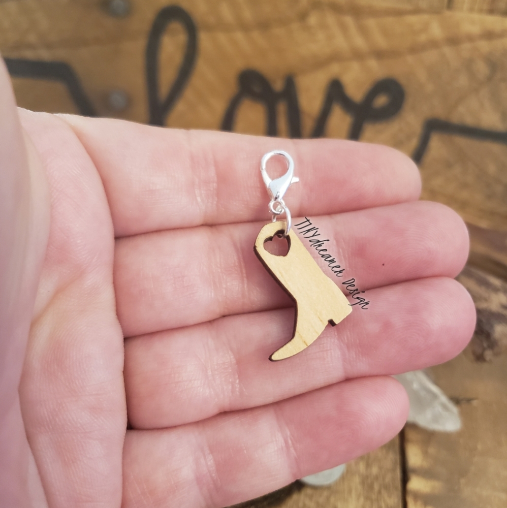 5/$20 Wood Cowboy Boot Heart Charm for Bracelet~Planner~Wallet~Cowgirl~Western